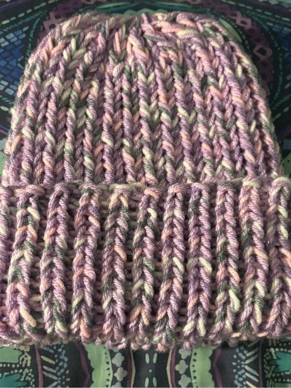 Handmade Chunky Knit Beanie in Lavender & Pastel Mix